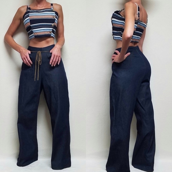 RARE Vintage 1970s Beware High Rise Leather Tie-Waist Wide Leg Stretchy Jeans - Picture 1 of 12